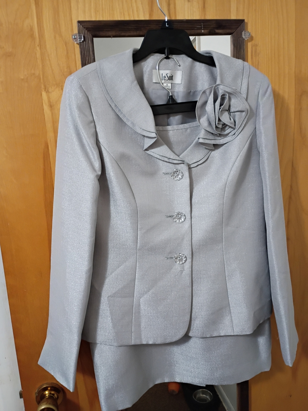 Le Suit Women's Silver Shimmer Dress Jacket with Floral Accent
